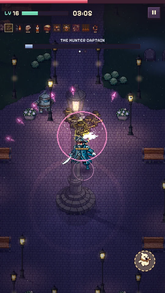 Boss fight: the Hunter Captain under a street lamp, with a boss health bar at the top.