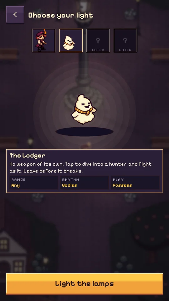 Character select showing the Lodger, a small white ghost.